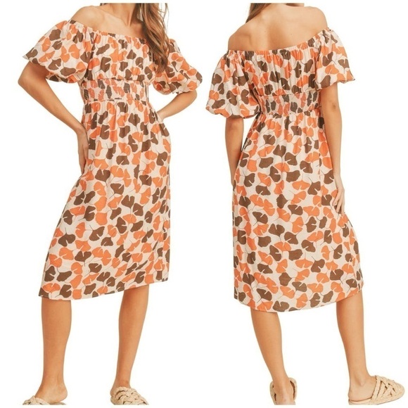 Lush Puff Sleeve Off Shoulder Midi Dress in Orange & Brown Floral Gingko Print - Picture 1 of 8